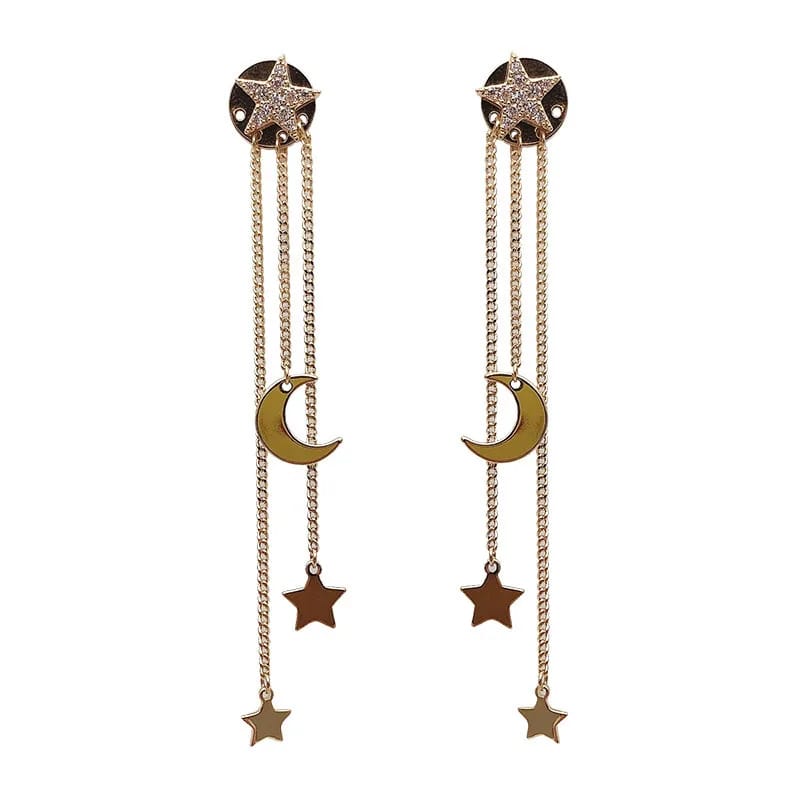 Golden Moon Star Long Tassel Earrings