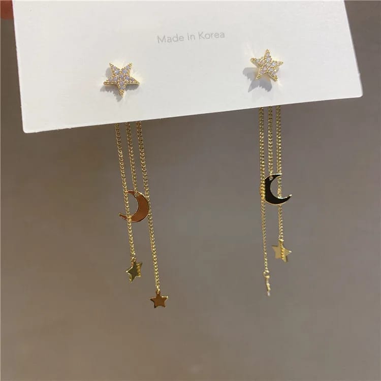 Golden Moon Star Long Tassel Earrings