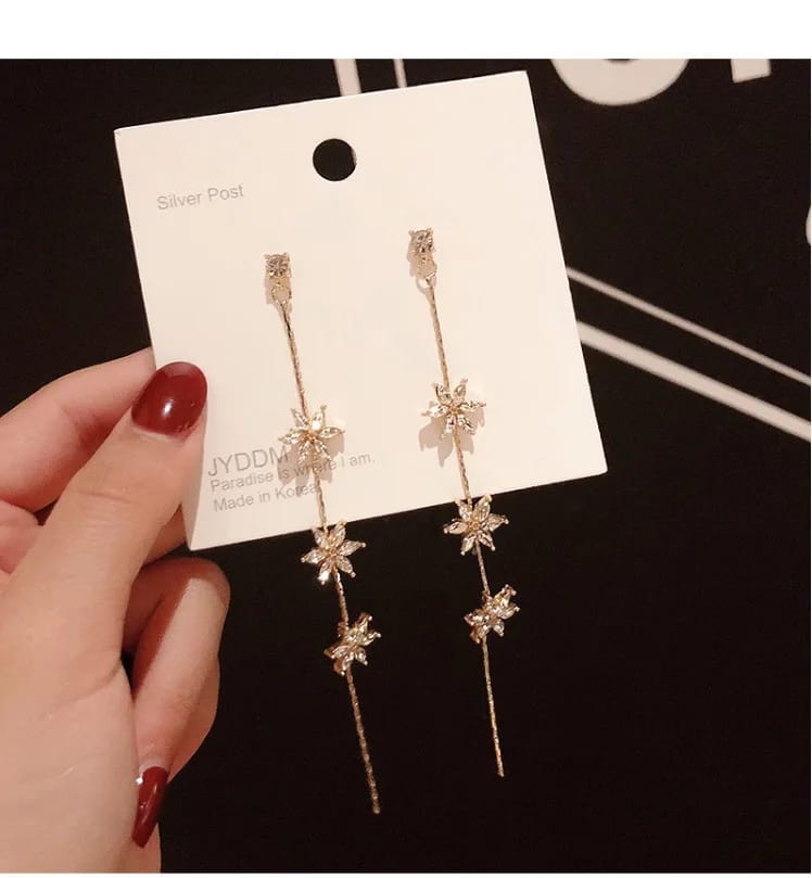 Tri Flower Long Stone Tassel Earrings