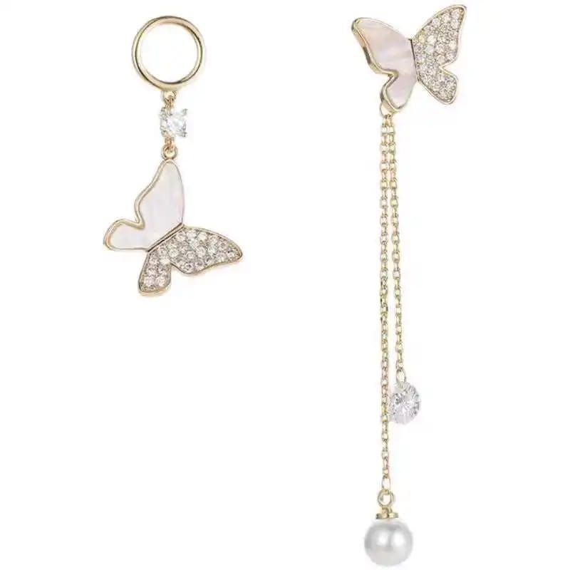 Butterfly With Pearl Zircon Dangle Drop Earrings