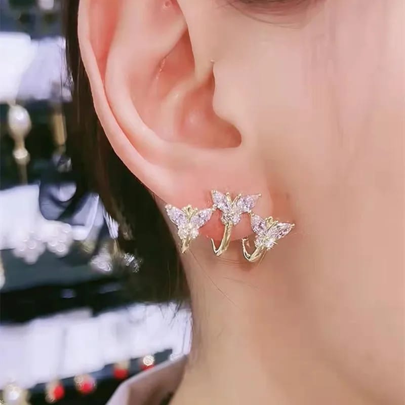 Three Butterfly Golden Claw Shaped Earrings