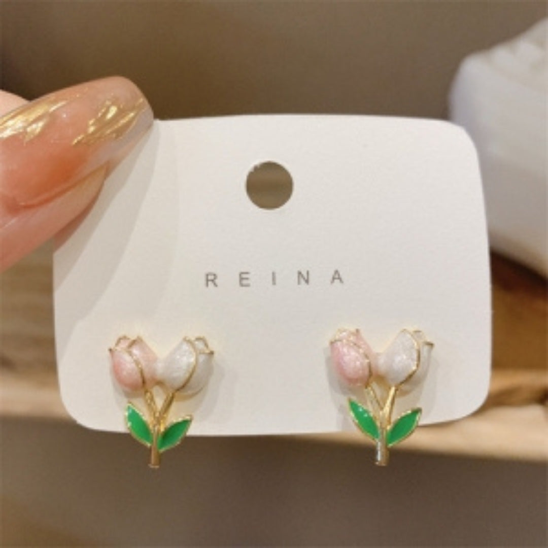 Korean Tulip Flower Drop Stud Earrings