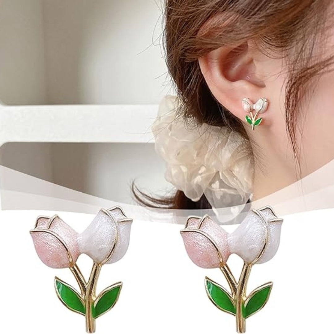 Korean Tulip Flower Drop Stud Earrings