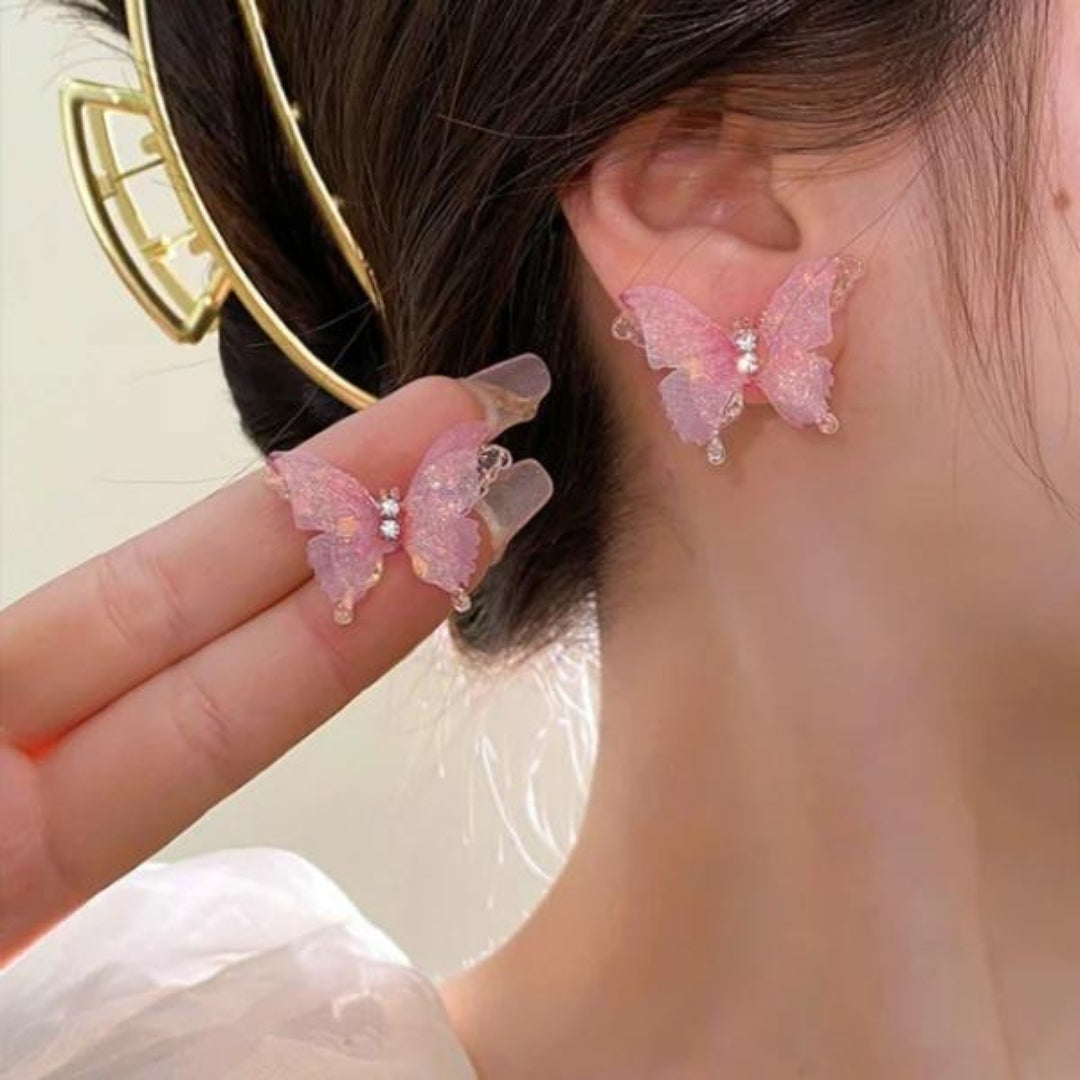 Light Pink Acrylic Diamond Mesh Butterfly Stud Earrings