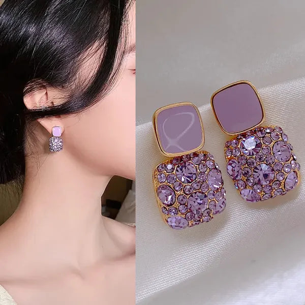 Purple Colour Diamond Encrusted Geometrical Square Earrings