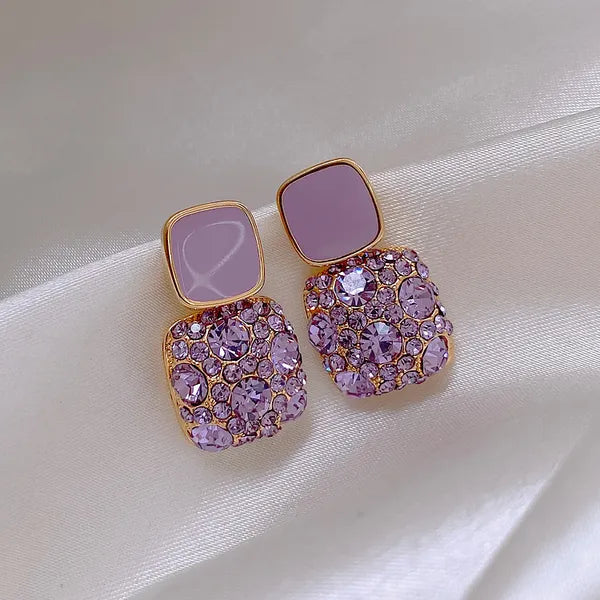 Purple Colour Diamond Encrusted Geometrical Square Earrings