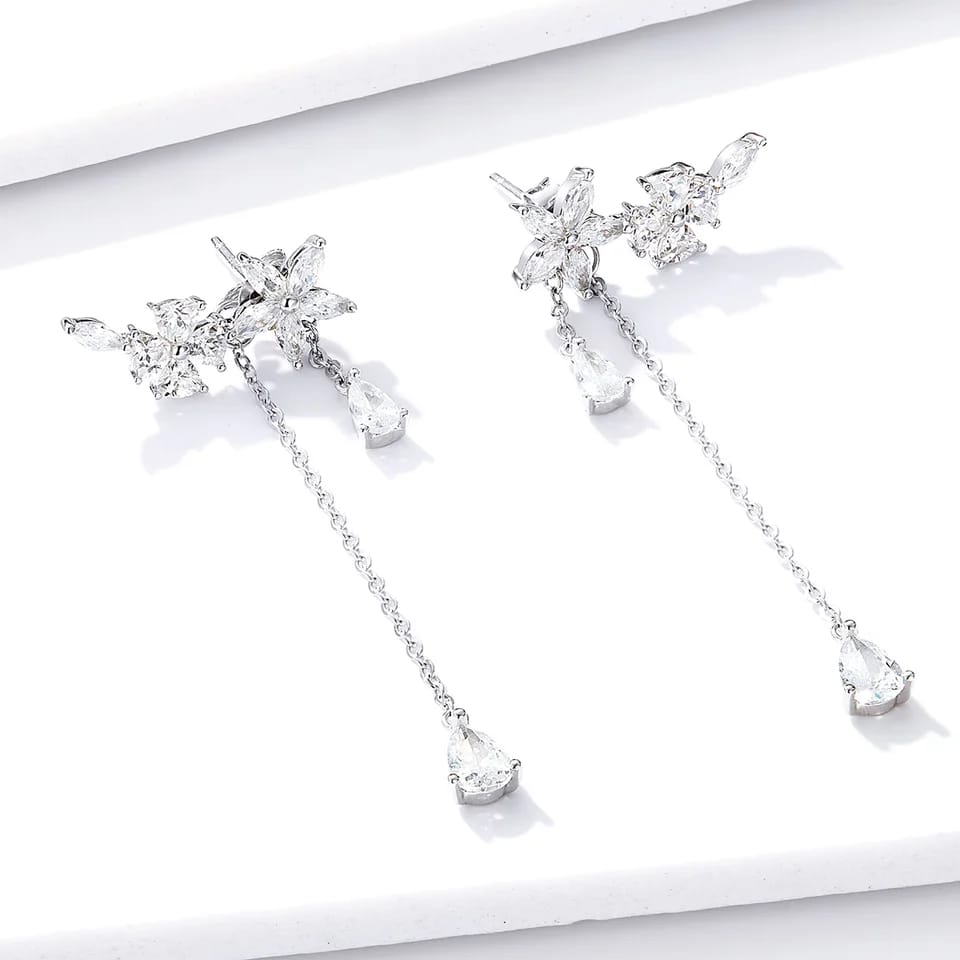 Sterling Silver Zircon Flower Tassel Earrings