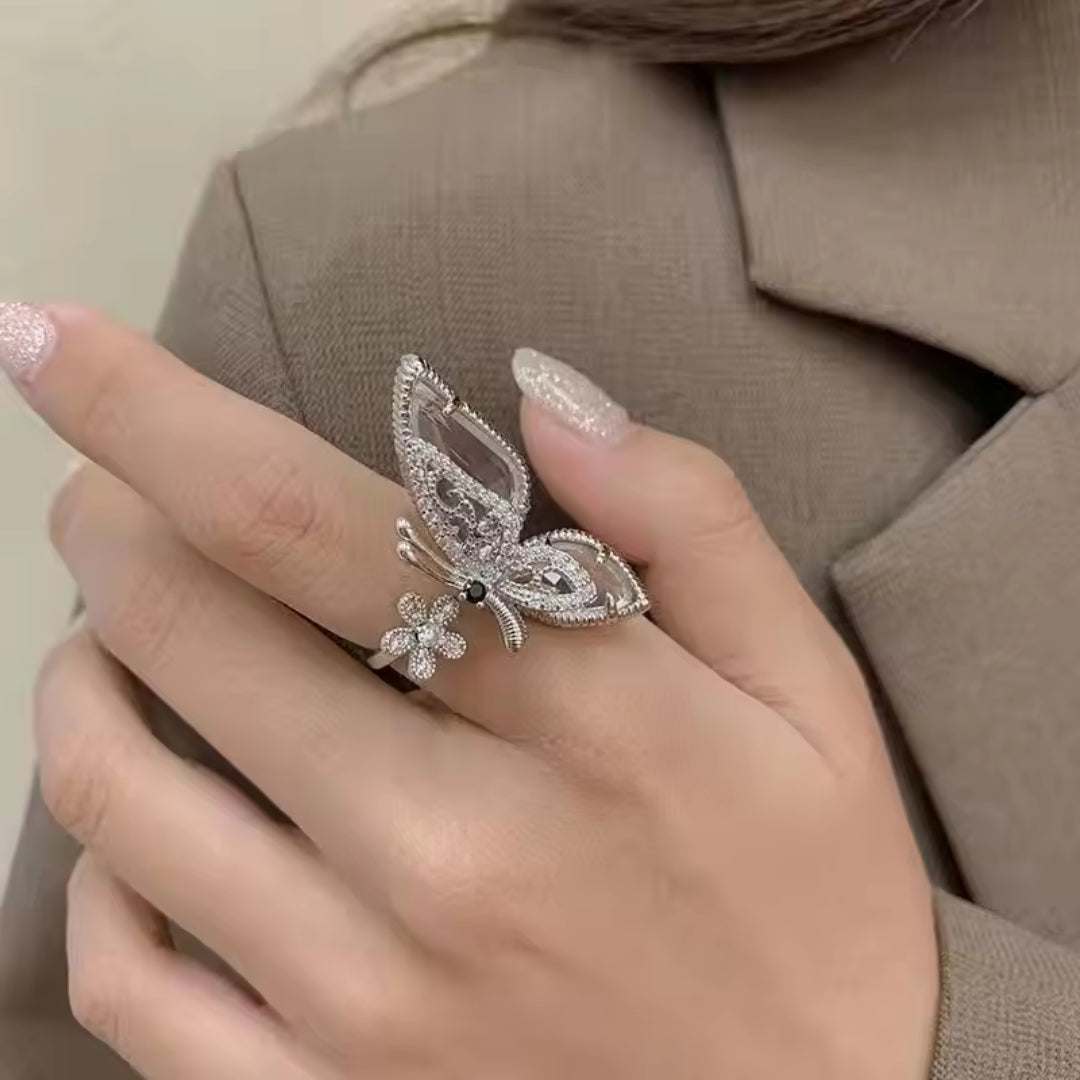 Flower Big Butterfly Statement Ring