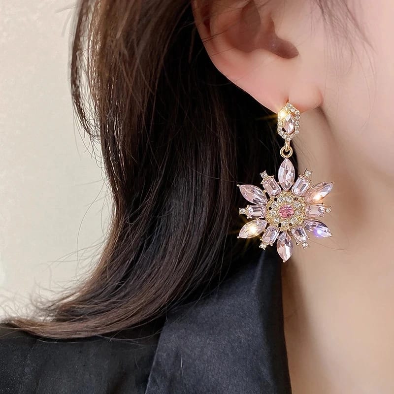 Pink Zircon flower Dangle Earrings