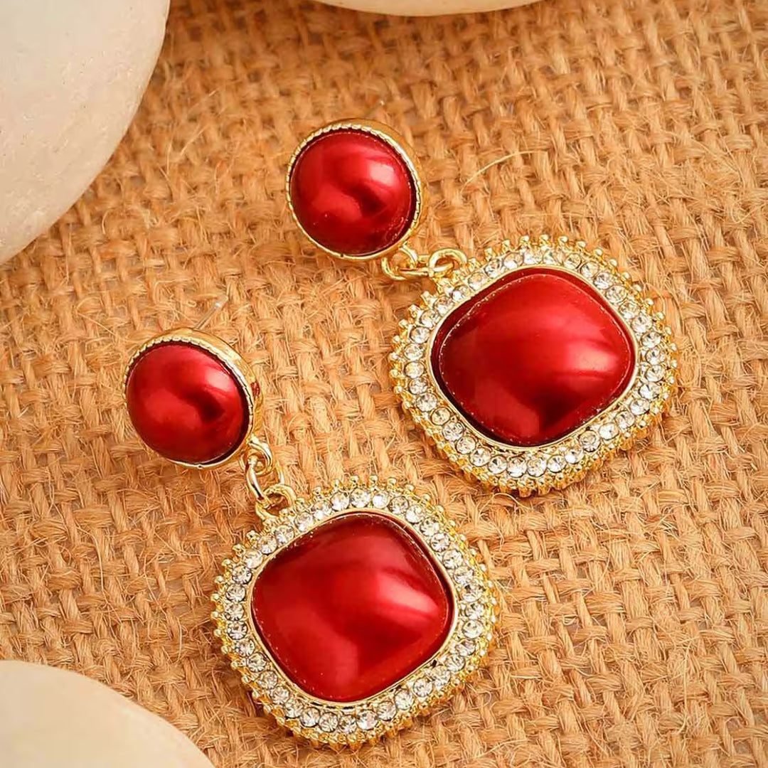 Shiny Crystal Diamond Square Red Pearl Drop Earrings