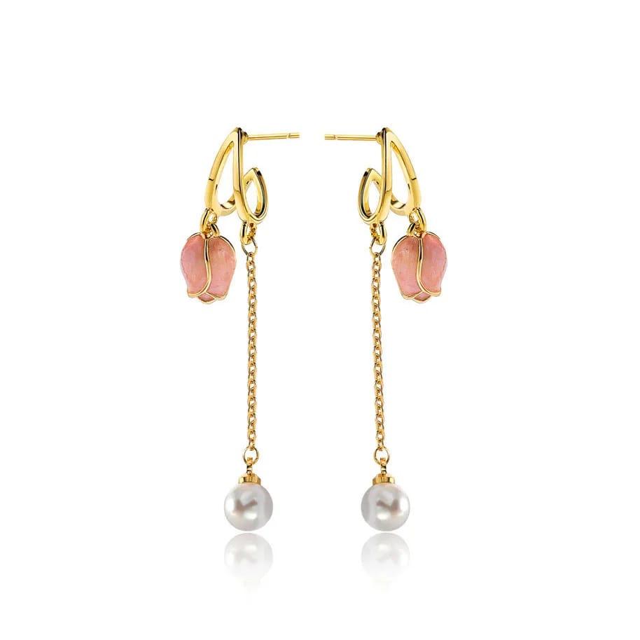 Tulip Designed Long Pearl Tassel Earrings