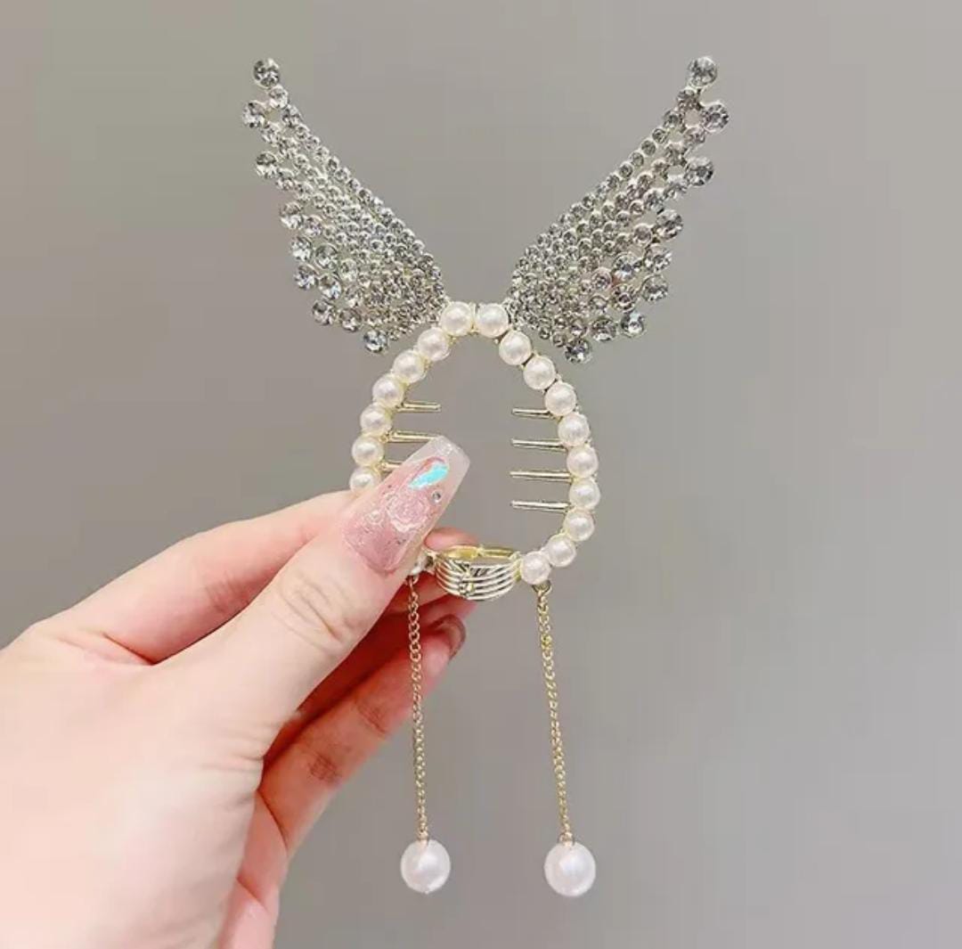 Crystal Pearl Angel Wings Hair Pin