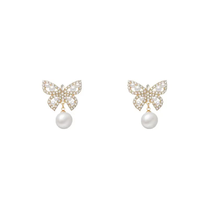 Micro Crystal Diamond Pearl Butterfly Earrings