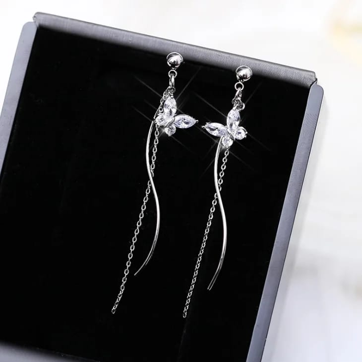 Butterfly Stud Long Silver Tassel Earrings