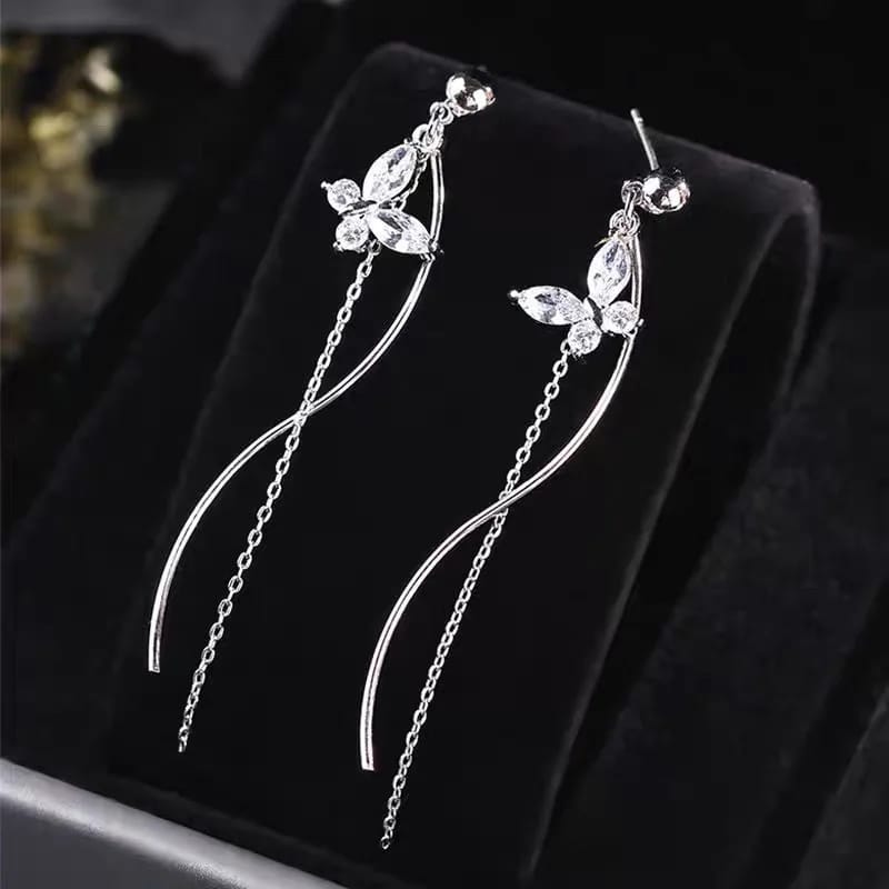 Butterfly Stud Long Silver Tassel Earrings