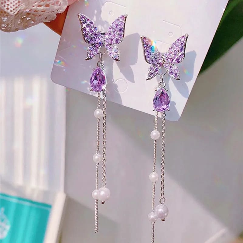 Rhinestone Purple Crystal Butterfly Long Dangle Earrings