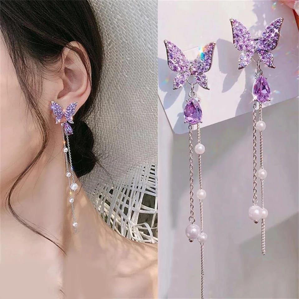 Rhinestone Purple Crystal Butterfly Long Dangle Earrings