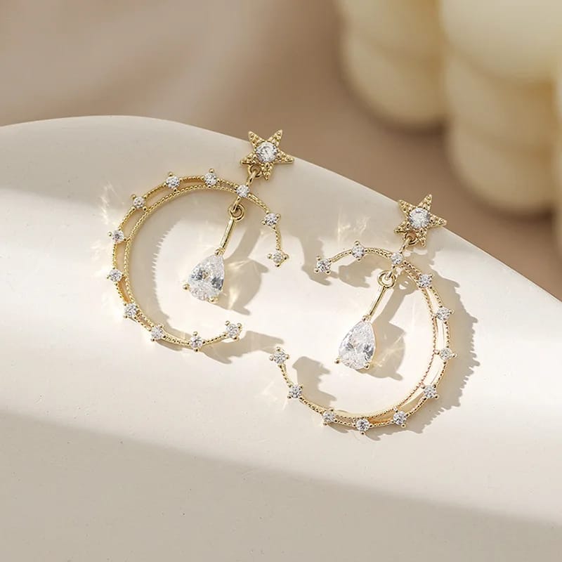 Star Stud Moon Dangler Earrings With Stones