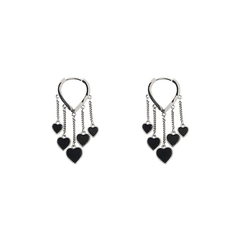 Black Heart Drops Tassel Earrings In Silver