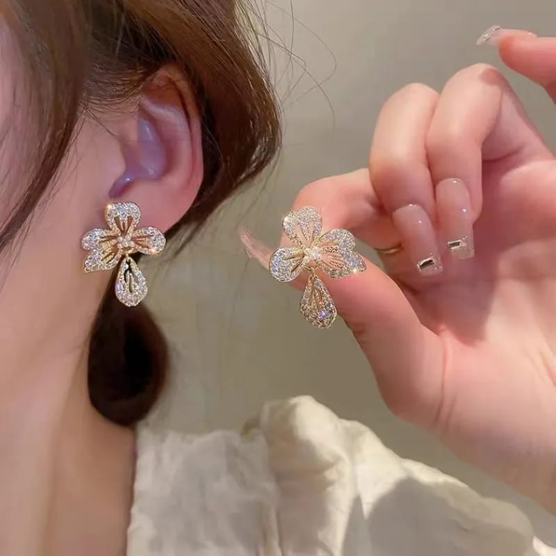 French Flower Shaped Rhinestone Earrings