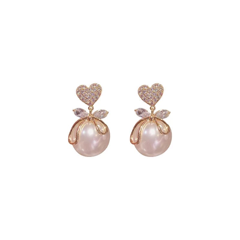 Golden Heart Stud With Pearl Drop Earrings