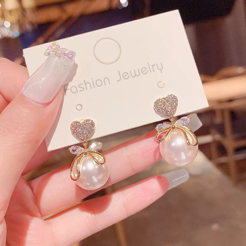 Golden Heart Stud With Pearl Drop Earrings