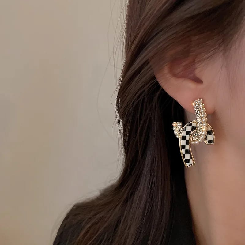 Black & White Check Patterned Rhinestone Abstract Earrings