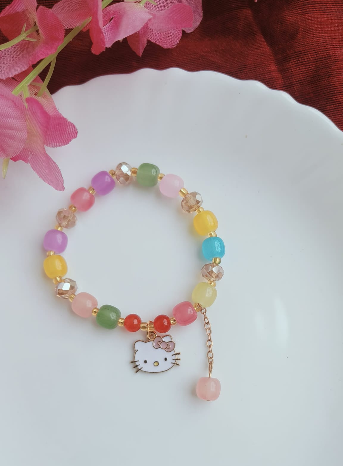 Kitty Charm Glass Stone Beads Bracelet