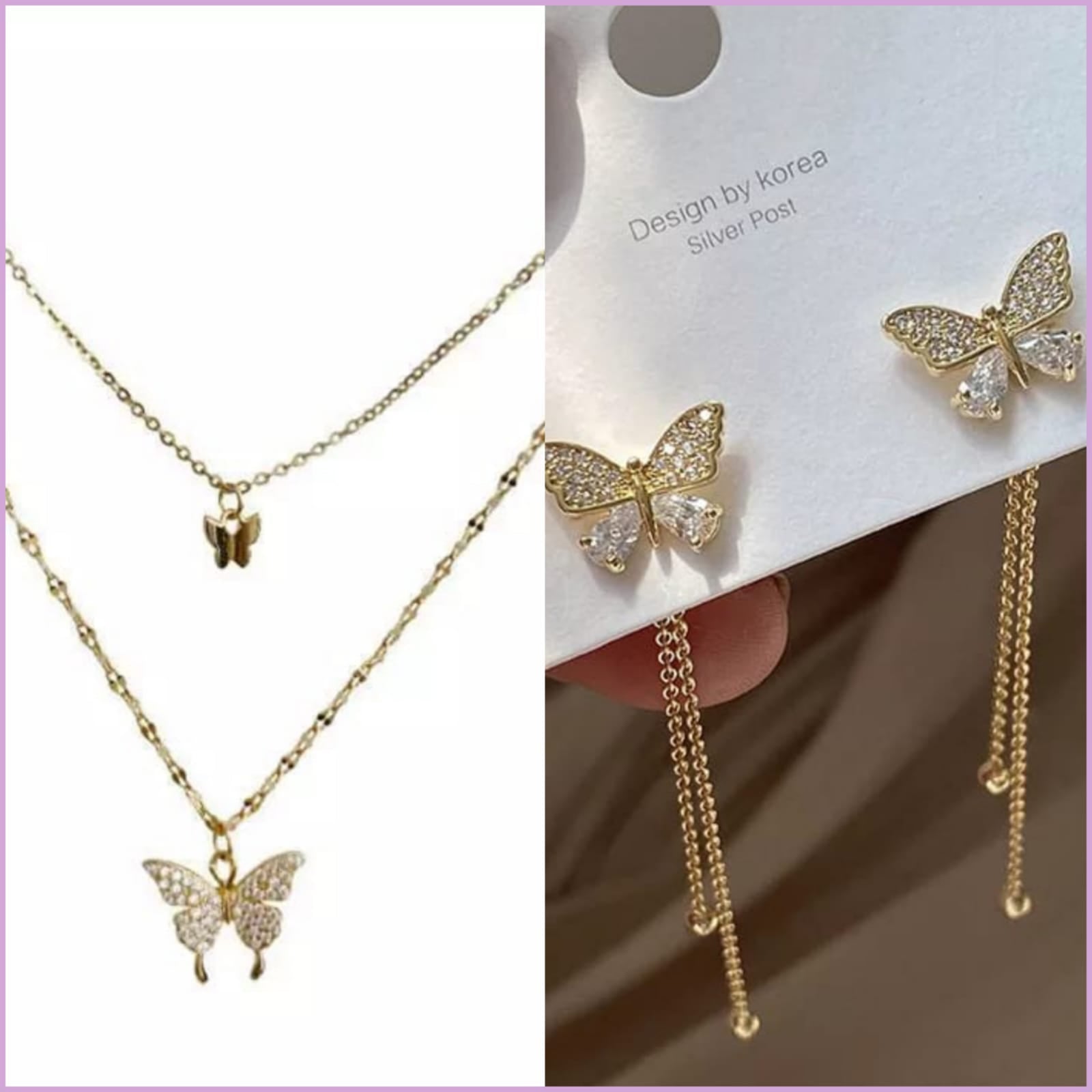 Butterfly double layer necklace along with butterfly earrings combo