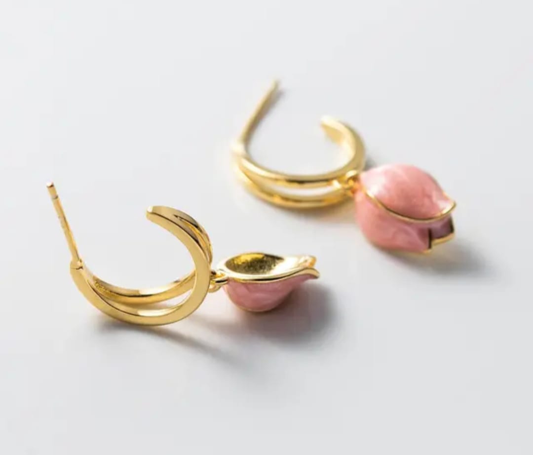 Pink Tulip Flower Stud Earrings