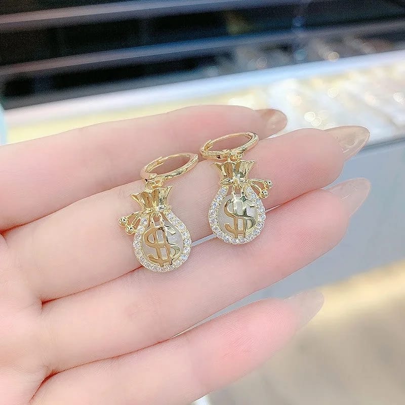 Dollar Bag Shaped Golden Dangle Earrings