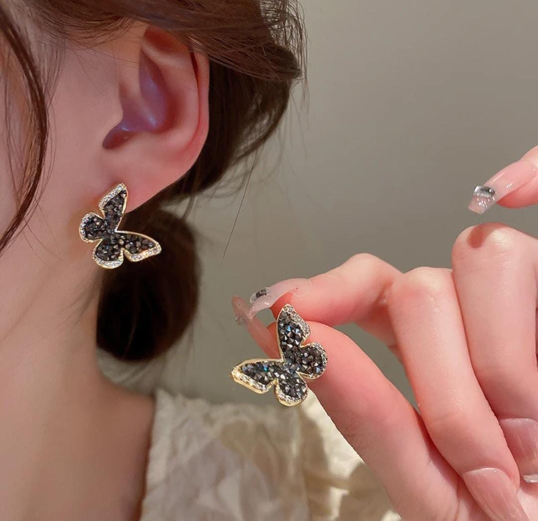 Butterfly Shaped Black Rhinestones Stud Earrings