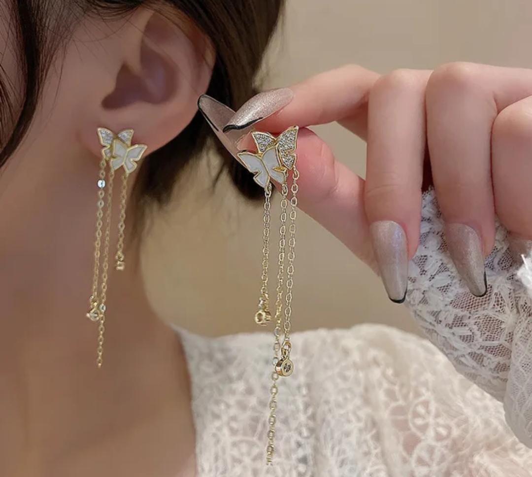 Double Butterfly Long Chain Tassel Earrings