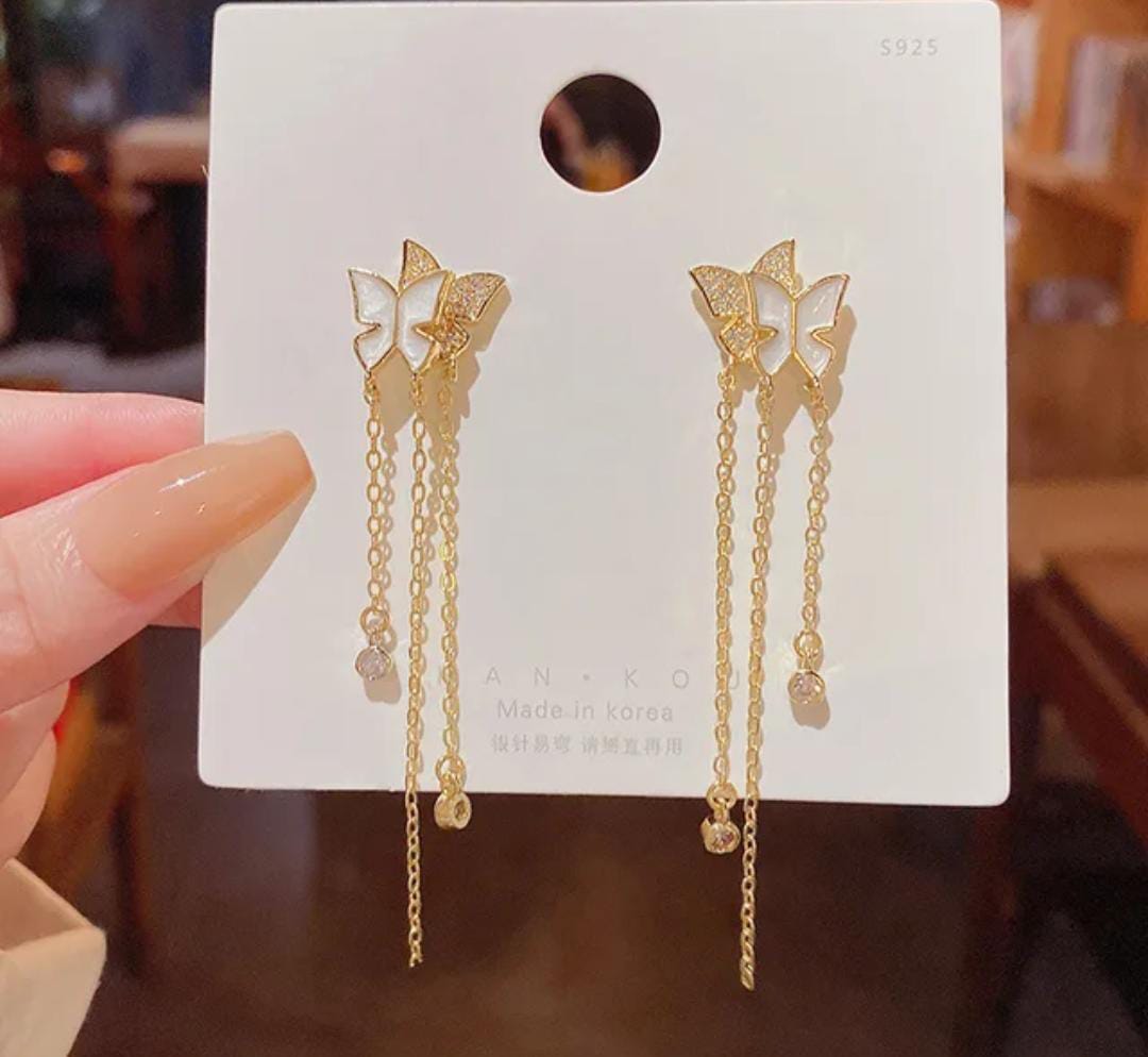 Double Butterfly Long Chain Tassel Earrings