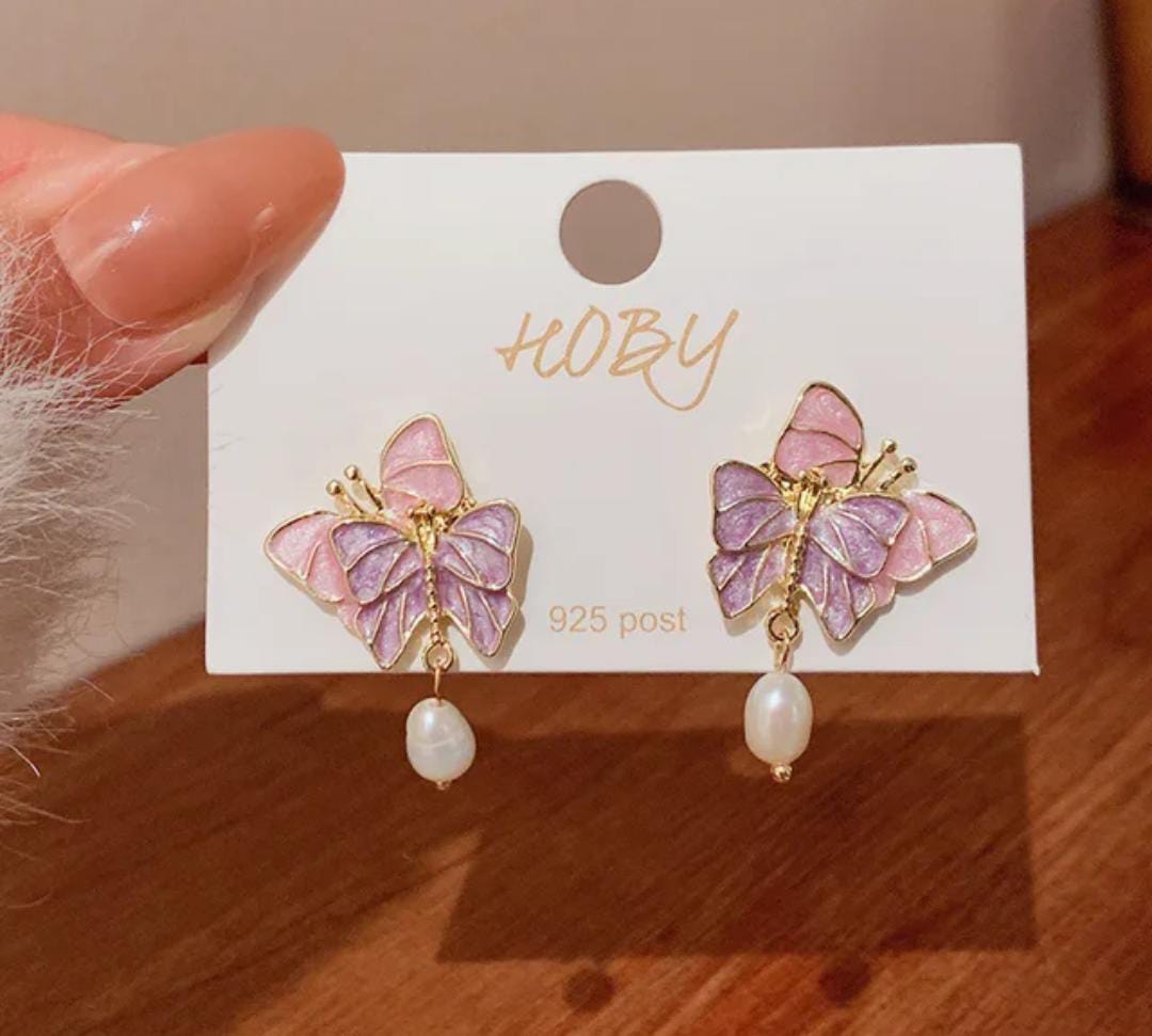 Pink & Purple Butterfly Shaped Stud Earrings