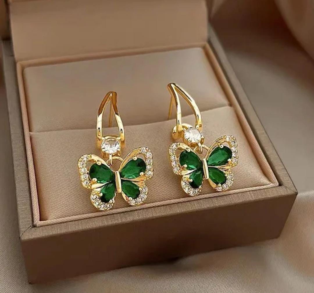 Green Rhinestone Glass Butterfly Pattern Dangle Earrings