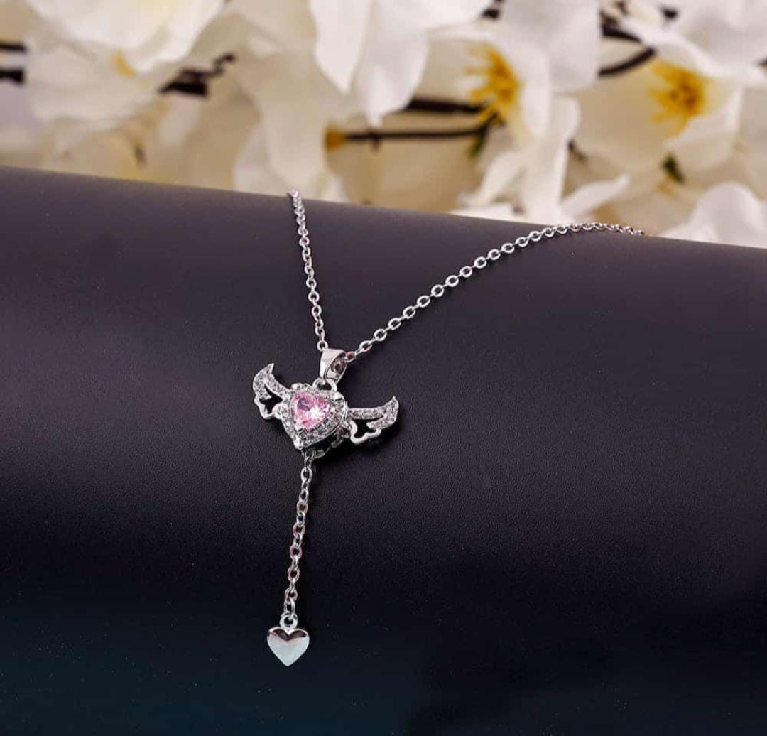 Heart Of Cupid Stainless Steel Pink Movable Angel Wings Necklace