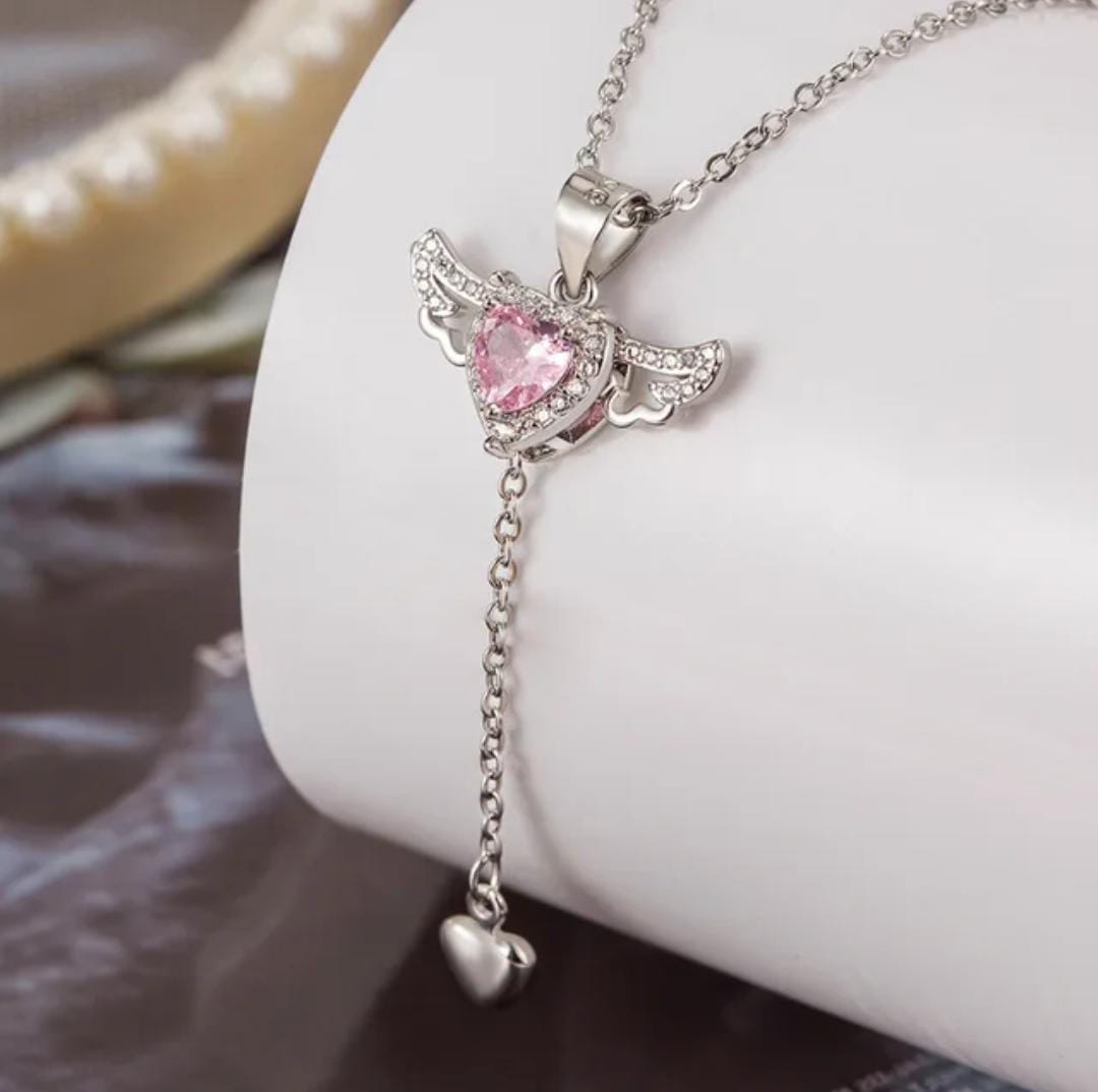 Heart Of Cupid Stainless Steel Pink Movable Angel Wings Necklace